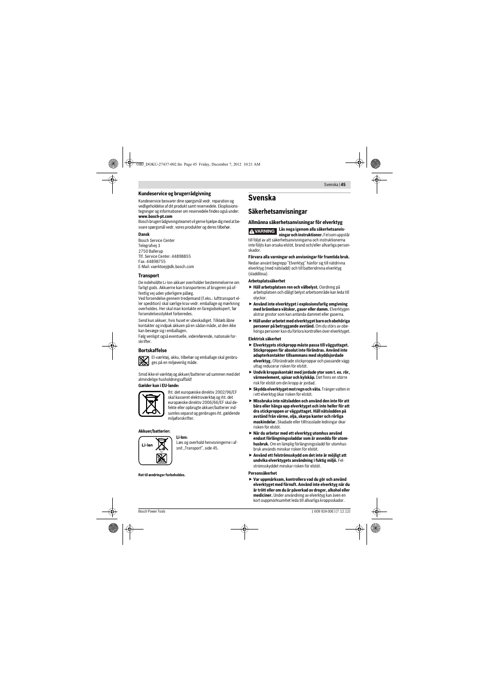 Svenska, Säkerhetsanvisningar | Bosch GWI 10,8 V-LI Professional User Manual | Page 45 / 148