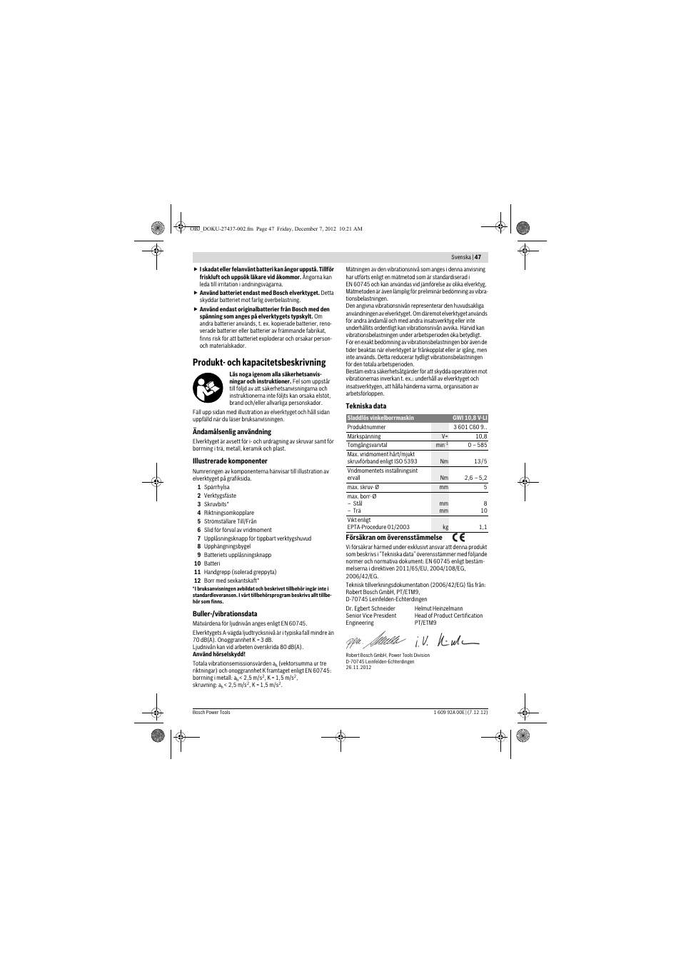 Produkt- och kapacitetsbeskrivning | Bosch GWI 10,8 V-LI Professional User Manual | Page 47 / 148