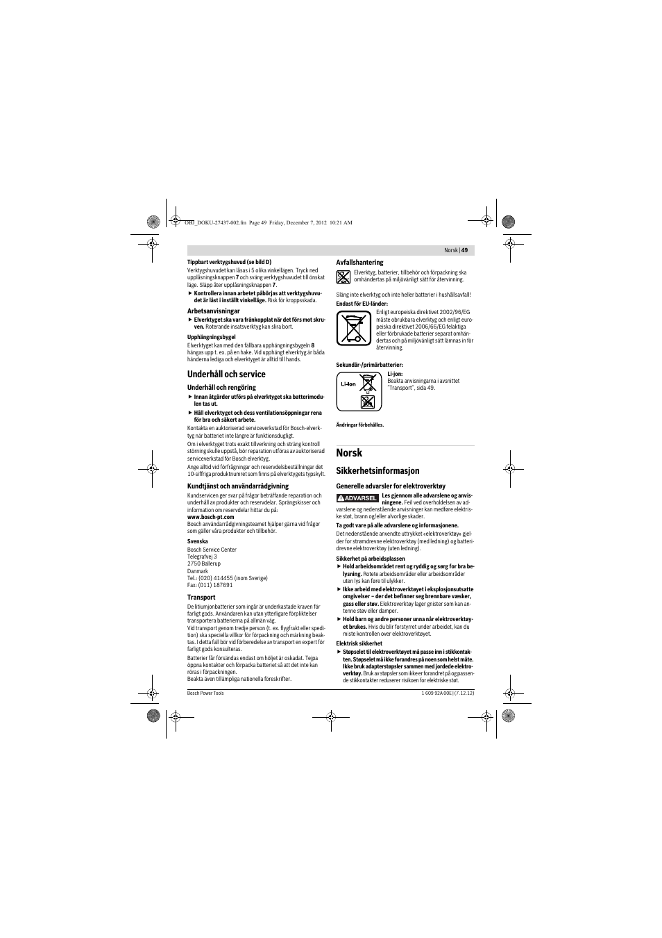 Norsk, Underhåll och service, Sikkerhetsinformasjon | Bosch GWI 10,8 V-LI Professional User Manual | Page 49 / 148