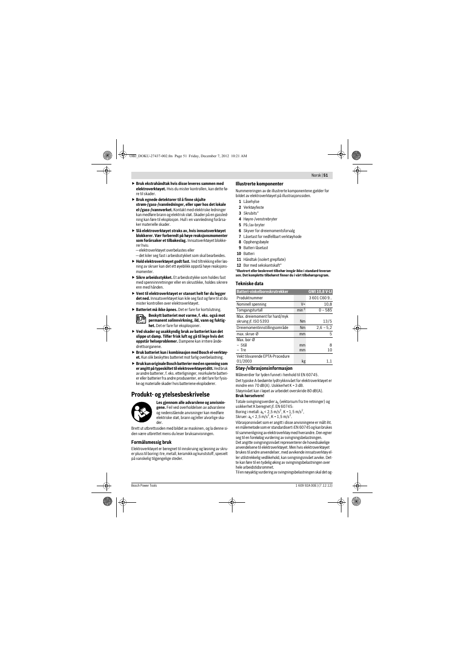 Produkt- og ytelsesbeskrivelse | Bosch GWI 10,8 V-LI Professional User Manual | Page 51 / 148