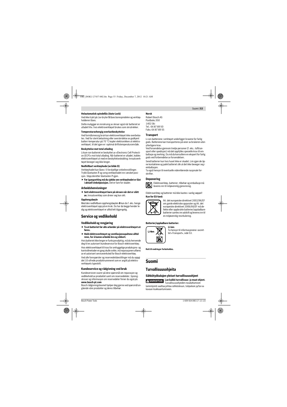 Suomi, Service og vedlikehold, Turvallisuusohjeita | Bosch GWI 10,8 V-LI Professional User Manual | Page 53 / 148