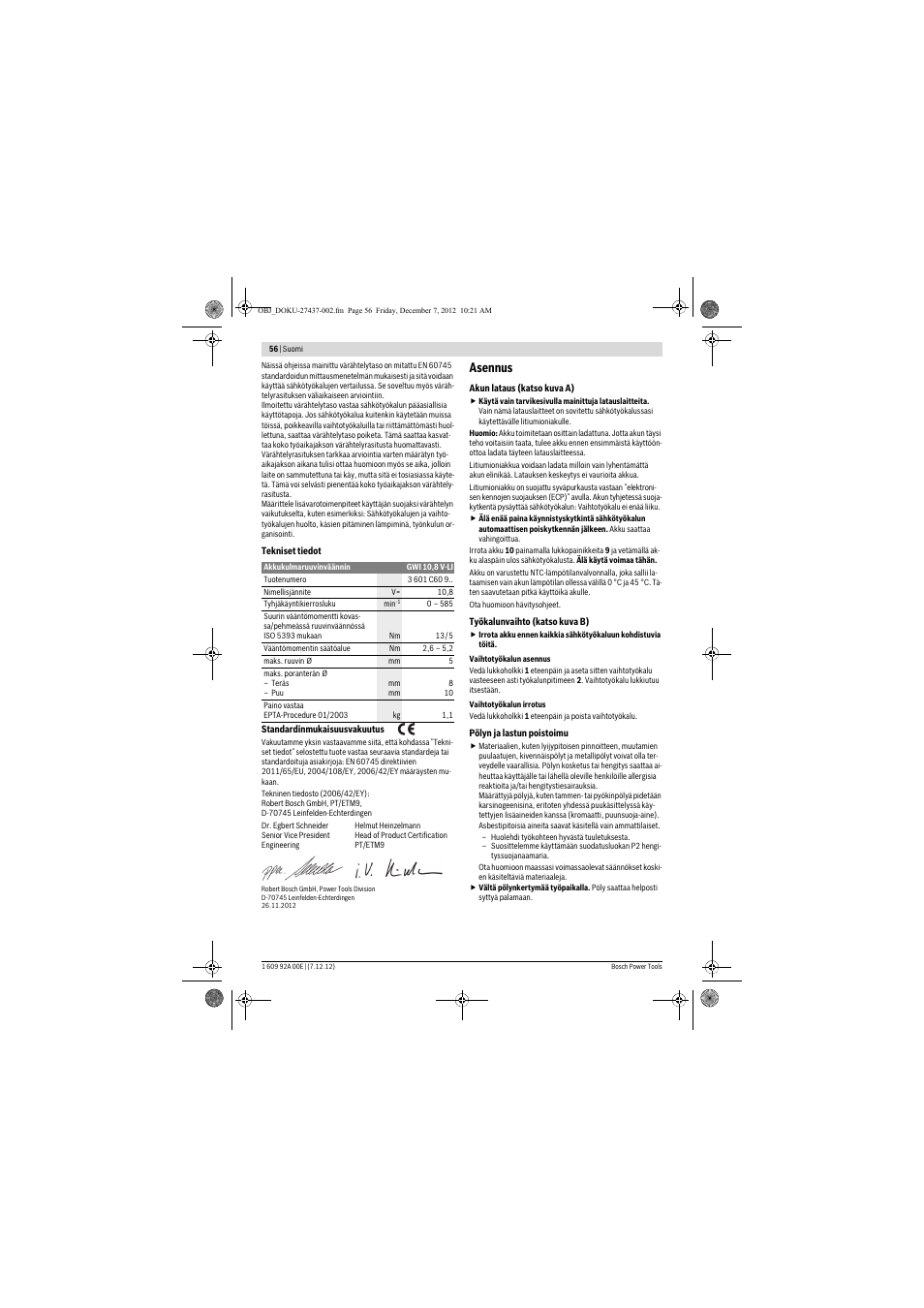 Asennus | Bosch GWI 10,8 V-LI Professional User Manual | Page 56 / 148