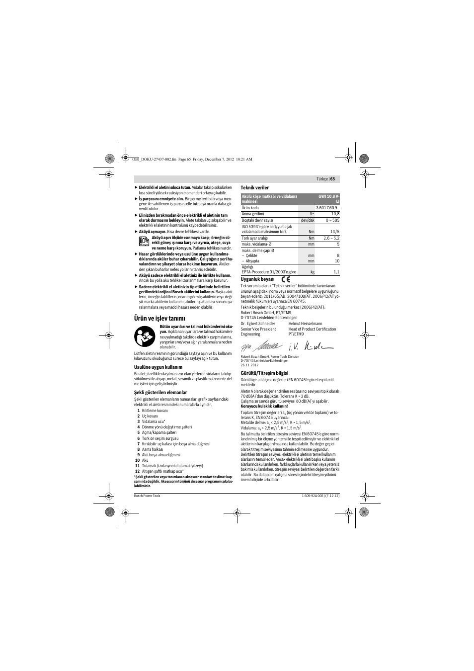 Ürün ve işlev tanımı | Bosch GWI 10,8 V-LI Professional User Manual | Page 65 / 148