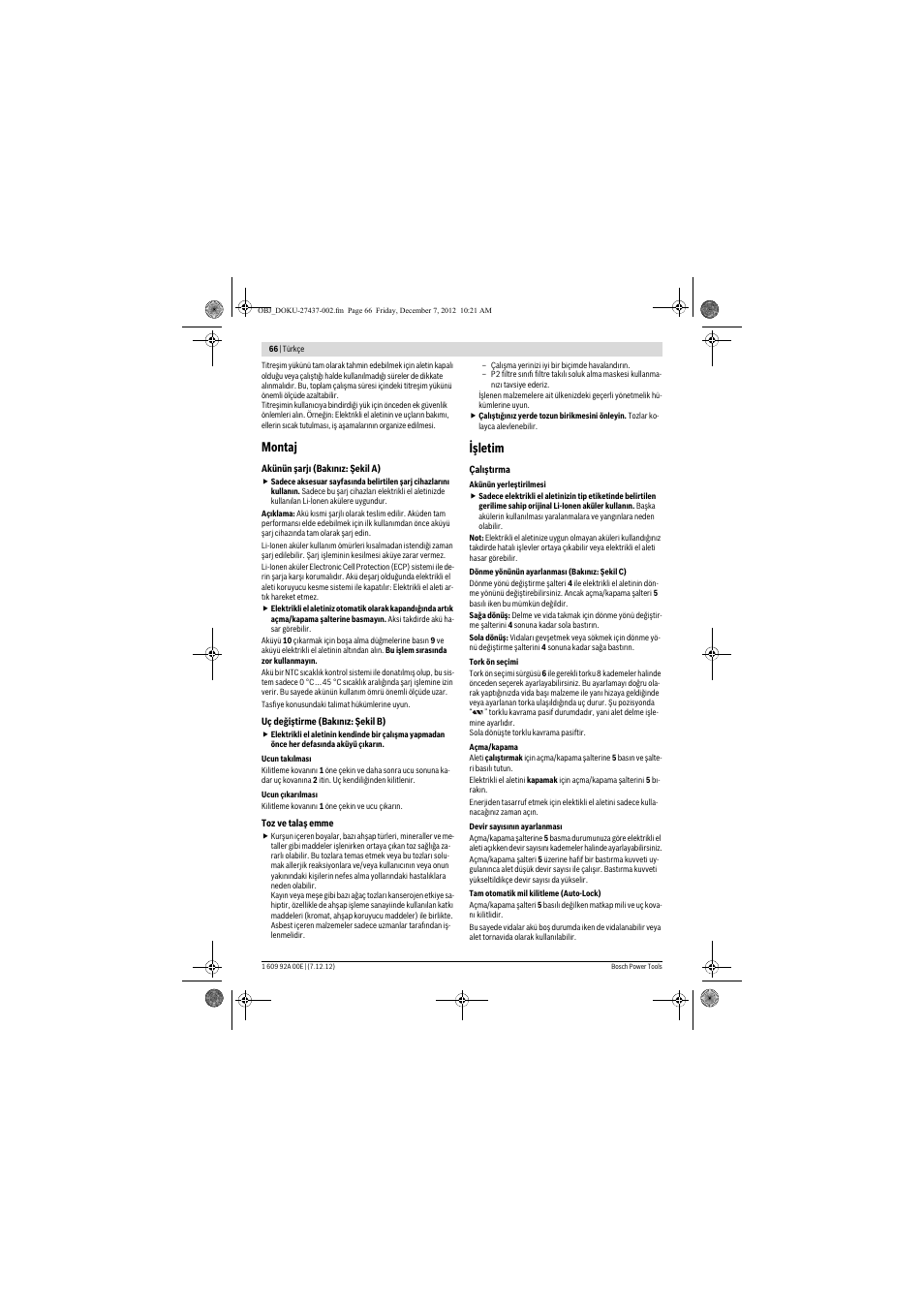 Montaj, Işletim | Bosch GWI 10,8 V-LI Professional User Manual | Page 66 / 148