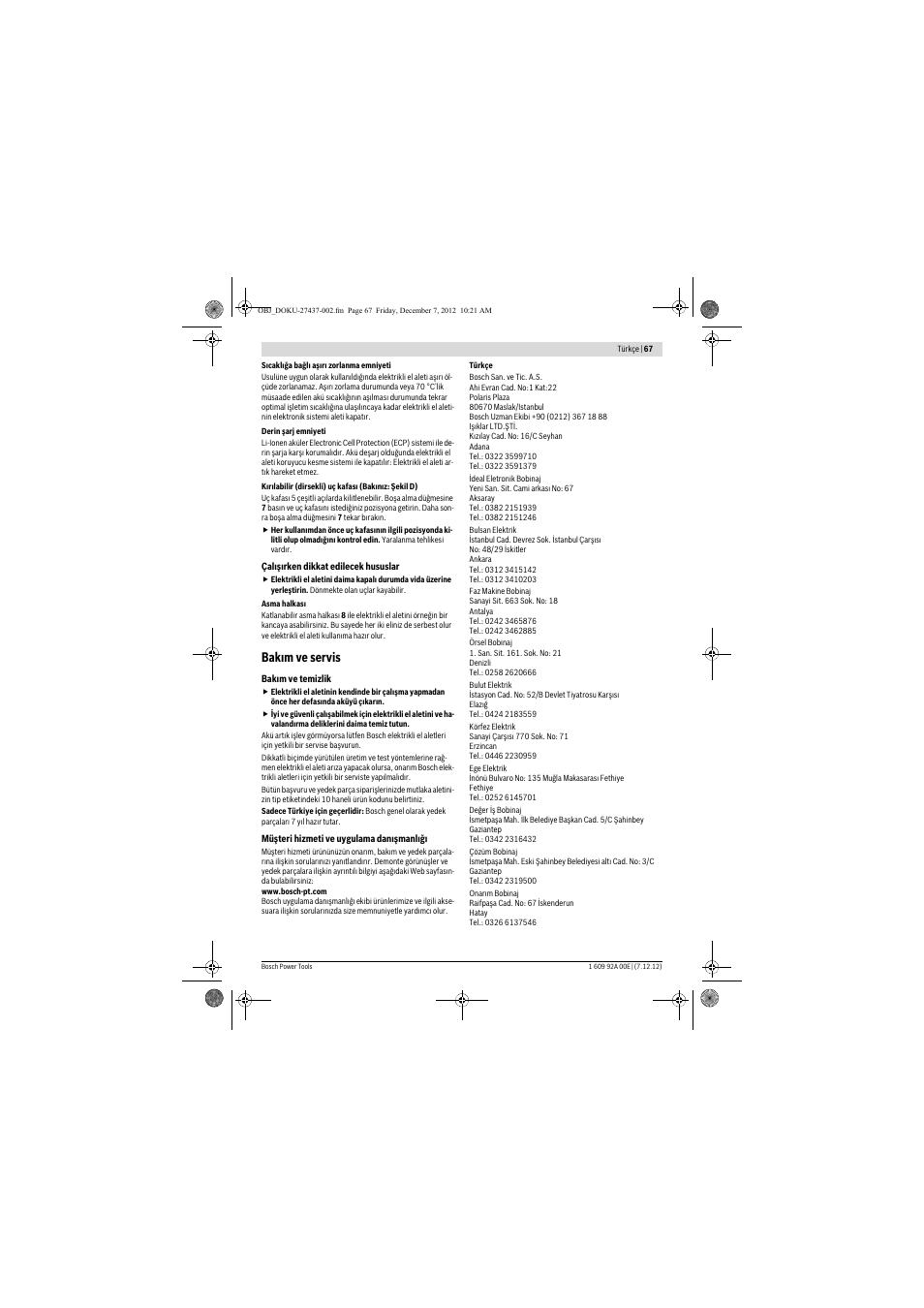 Bakım ve servis | Bosch GWI 10,8 V-LI Professional User Manual | Page 67 / 148