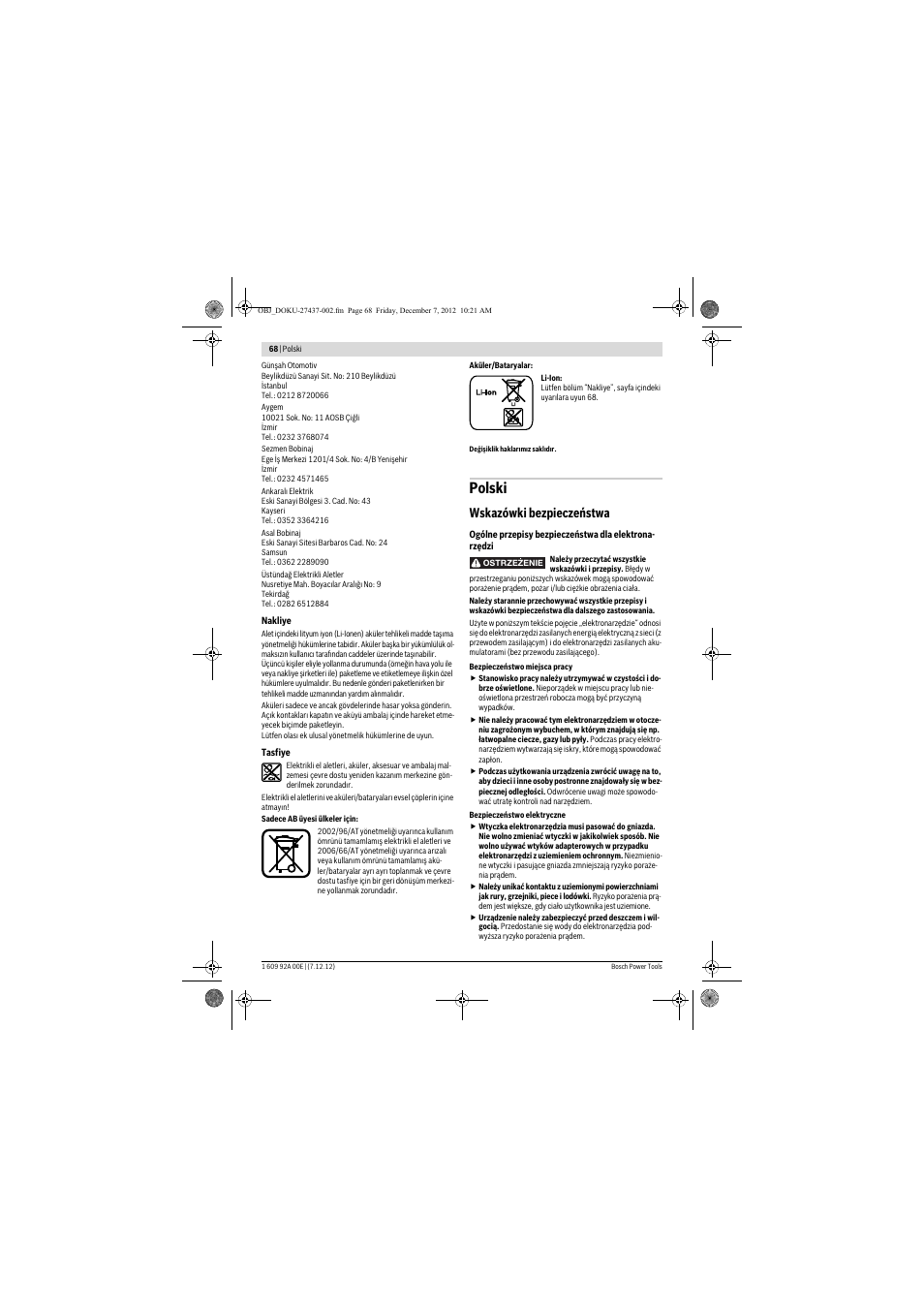 Polski, Wskazówki bezpieczeństwa | Bosch GWI 10,8 V-LI Professional User Manual | Page 68 / 148