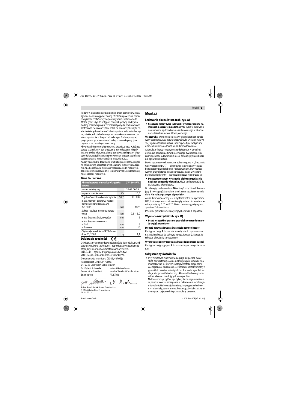 Montaż | Bosch GWI 10,8 V-LI Professional User Manual | Page 71 / 148