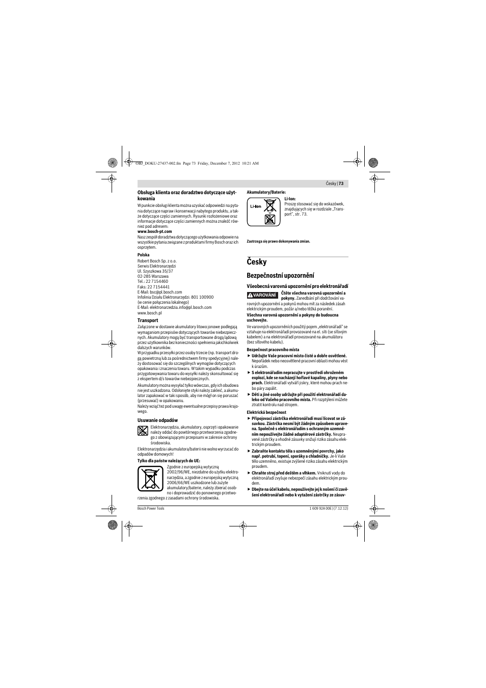 Česky, Bezpečnostní upozornění | Bosch GWI 10,8 V-LI Professional User Manual | Page 73 / 148