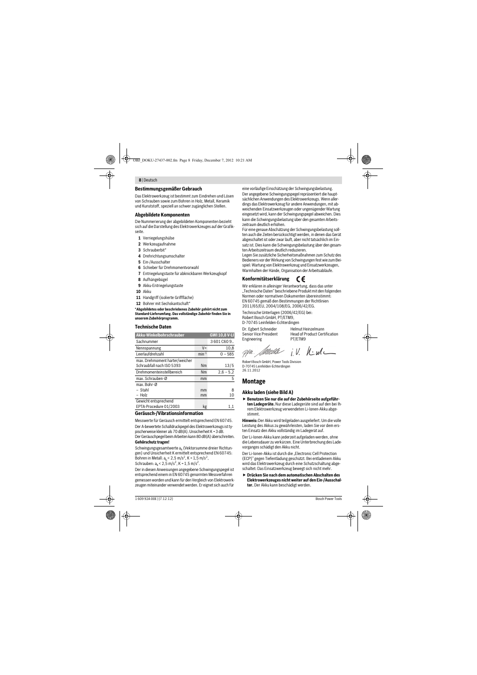 Montage | Bosch GWI 10,8 V-LI Professional User Manual | Page 8 / 148