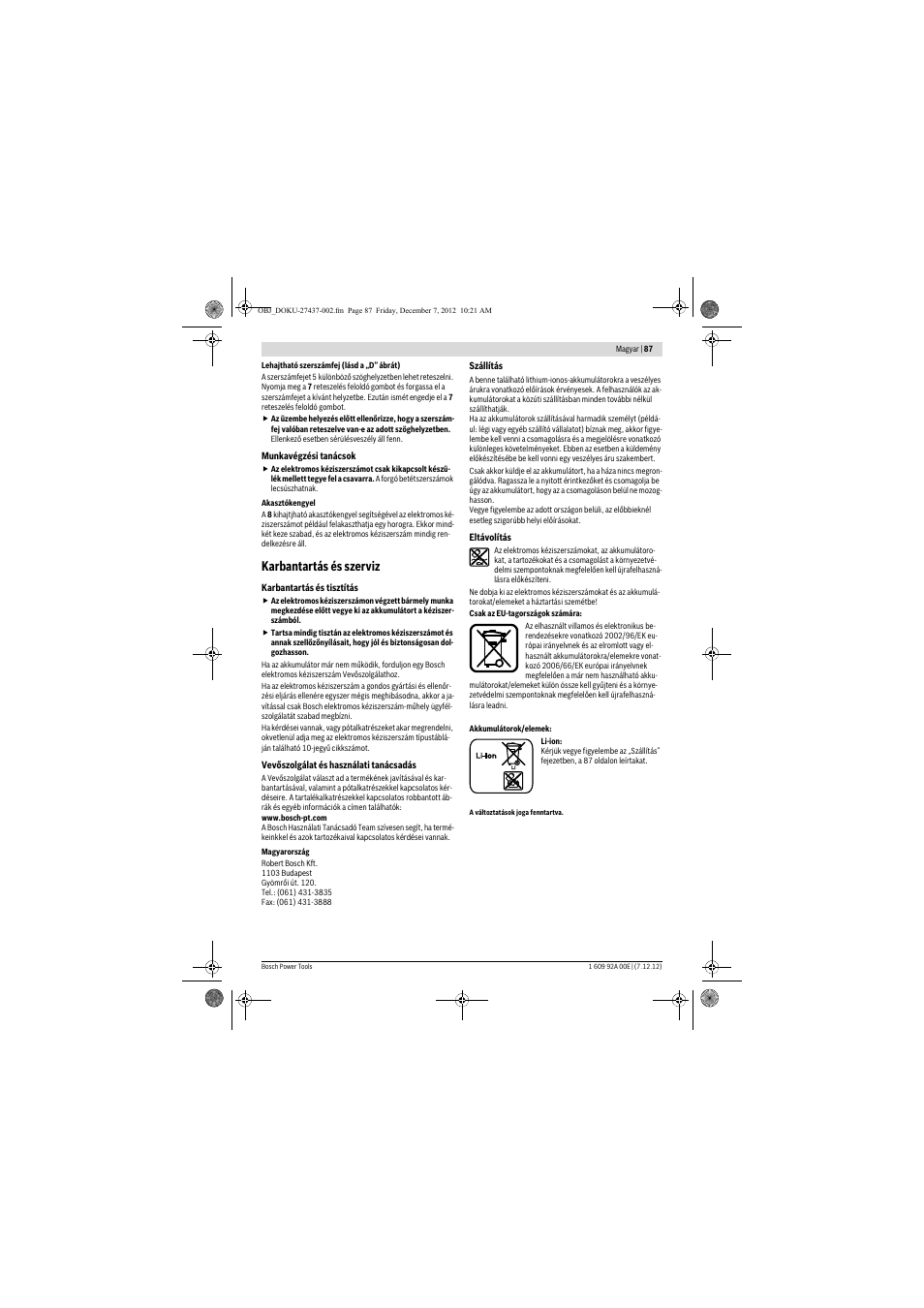 Karbantartás és szerviz | Bosch GWI 10,8 V-LI Professional User Manual | Page 87 / 148