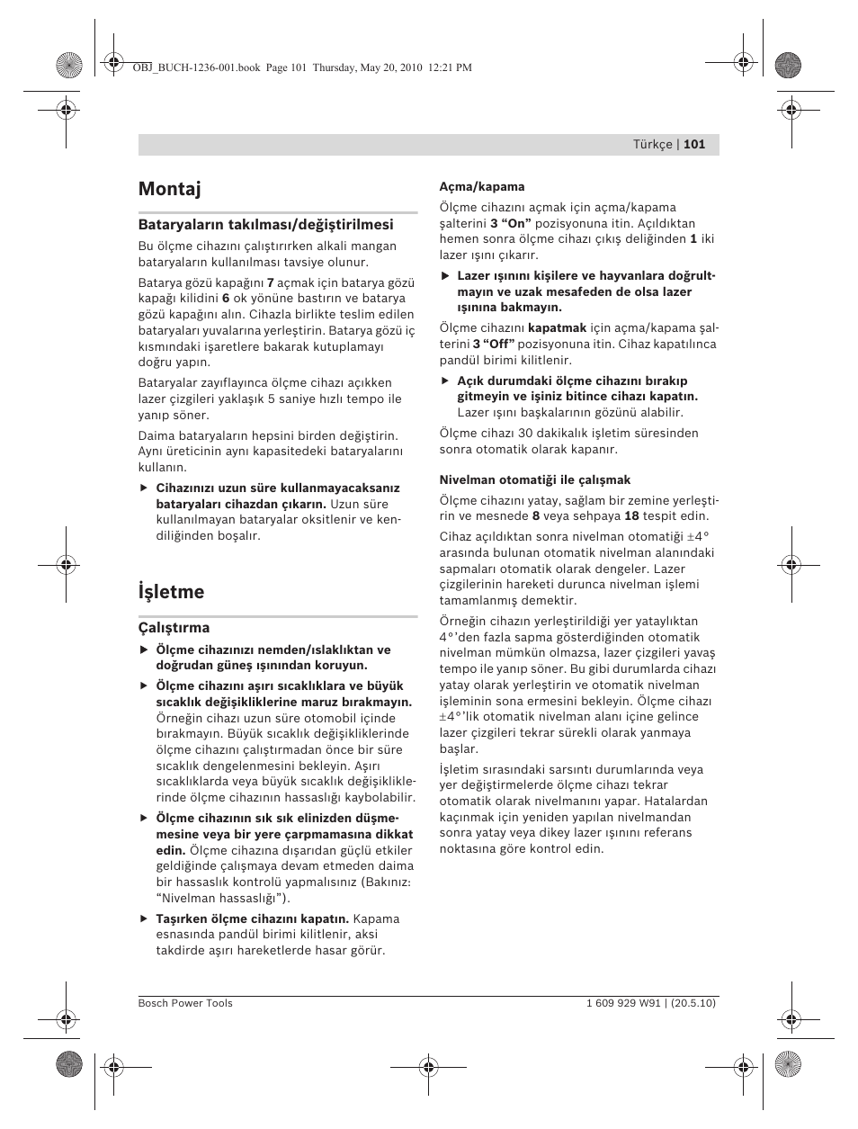 Montaj, Işletme | Bosch GLL 2 Professional User Manual | Page 101 / 217