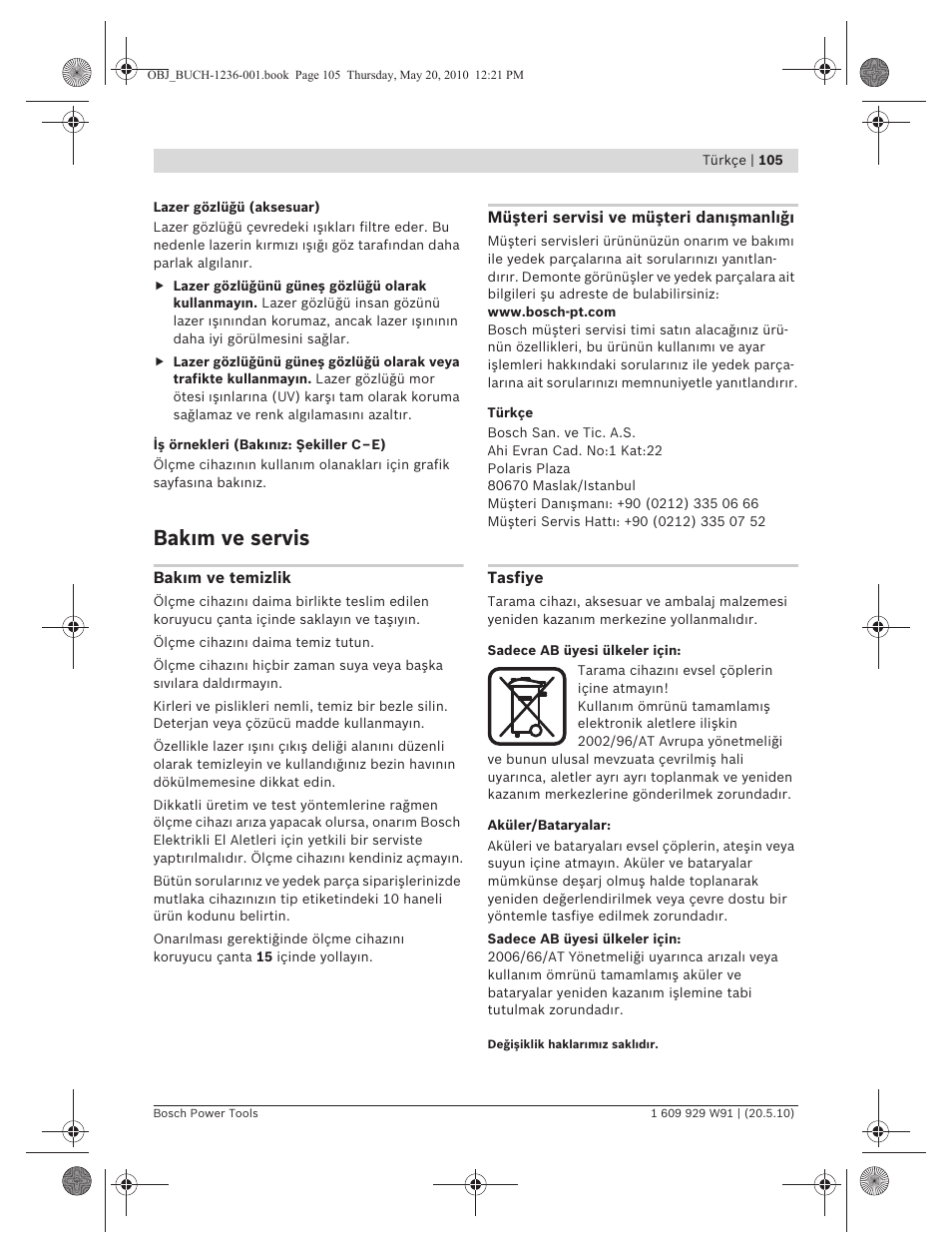 Bak m ve servis | Bosch GLL 2 Professional User Manual | Page 105 / 217