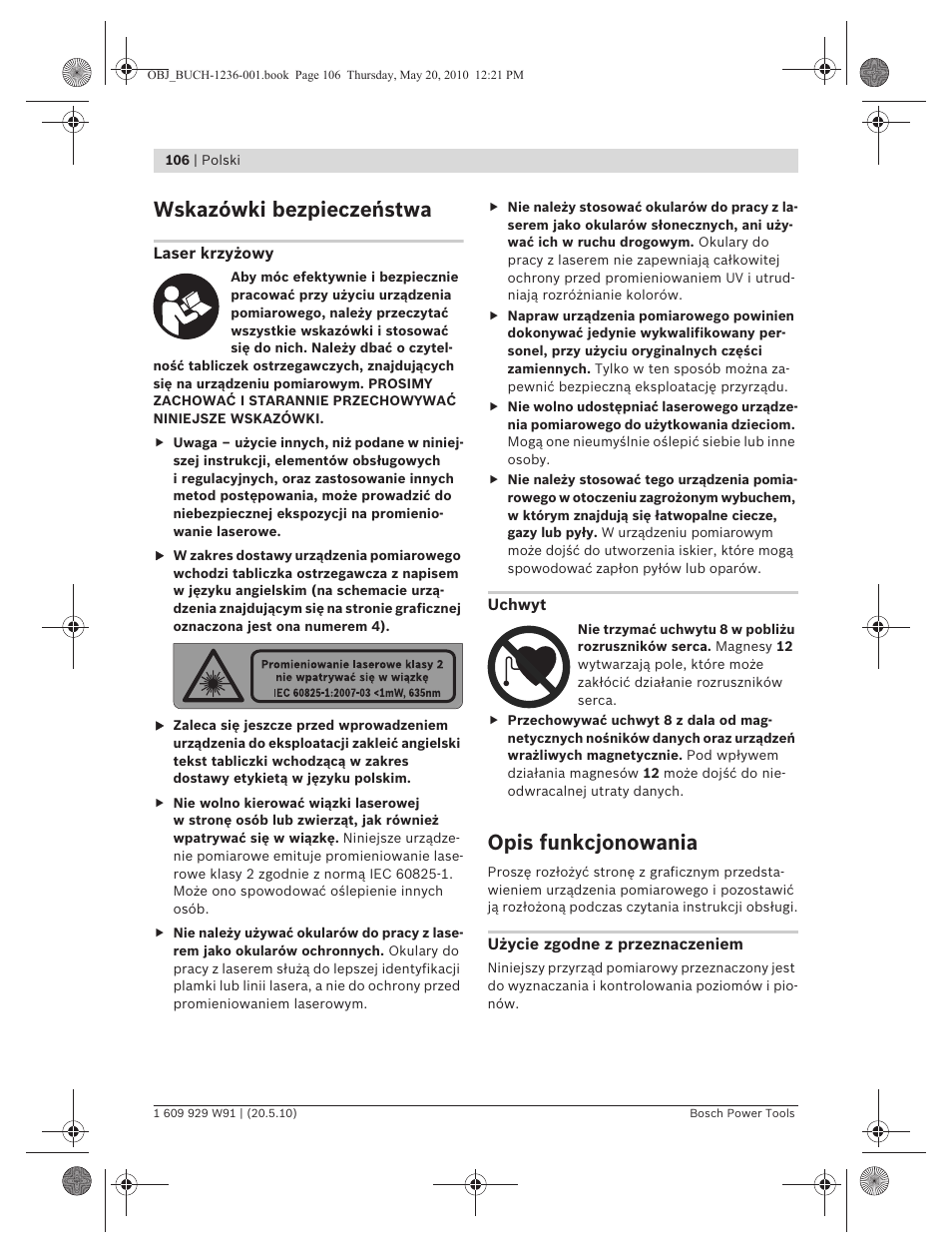 Wskazówki bezpieczeństwa, Opis funkcjonowania | Bosch GLL 2 Professional User Manual | Page 106 / 217