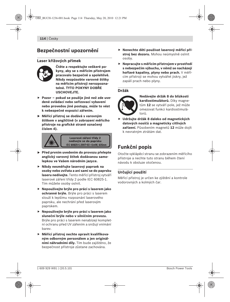 Bezpečnostní upozornění, Funkční popis | Bosch GLL 2 Professional User Manual | Page 114 / 217