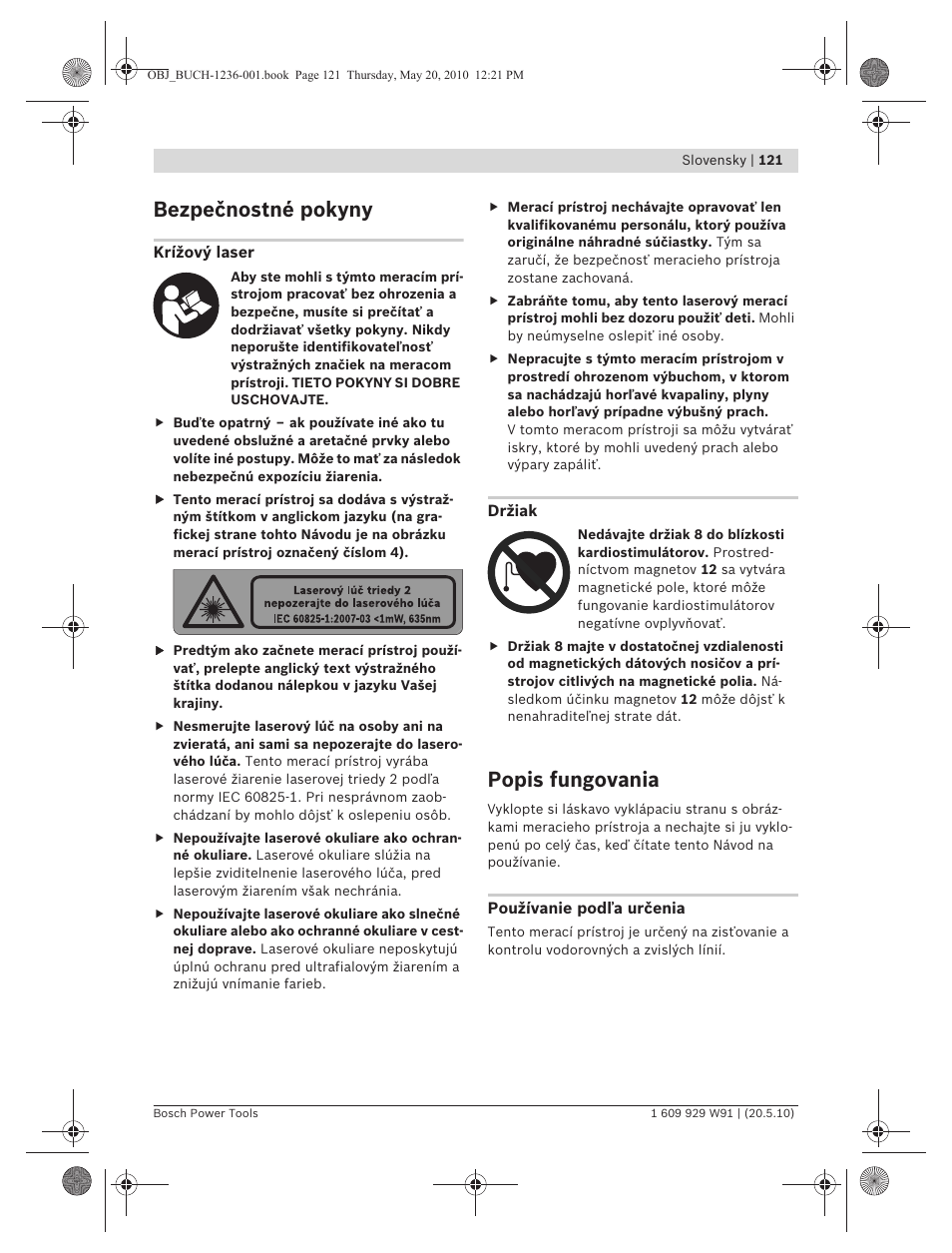 Bezpečnostné pokyny, Popis fungovania | Bosch GLL 2 Professional User Manual | Page 121 / 217