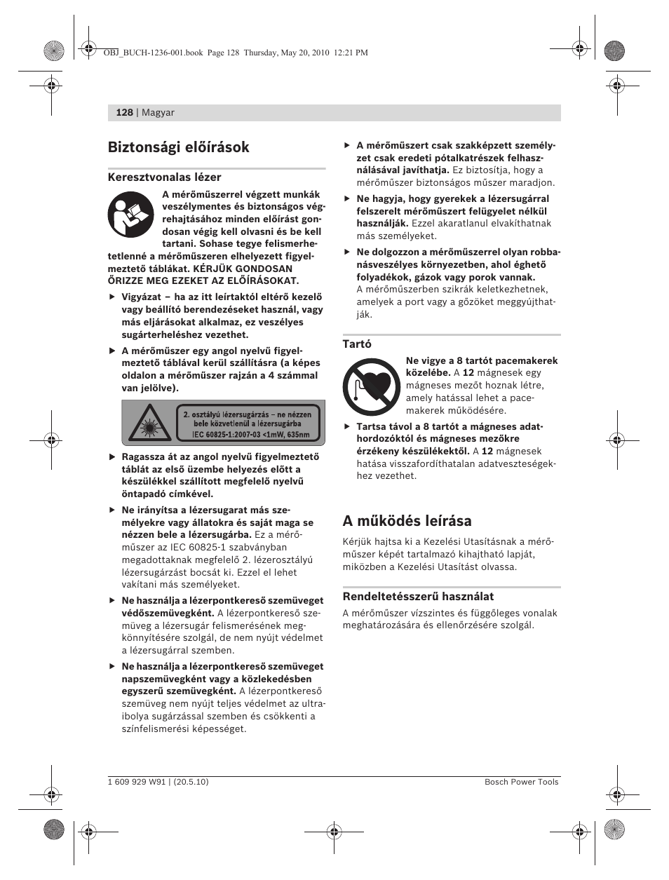 Biztonsági előírások, A működés leírása | Bosch GLL 2 Professional User Manual | Page 128 / 217