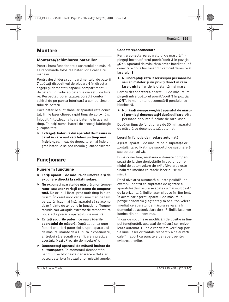 Montare, Funcţionare | Bosch GLL 2 Professional User Manual | Page 155 / 217