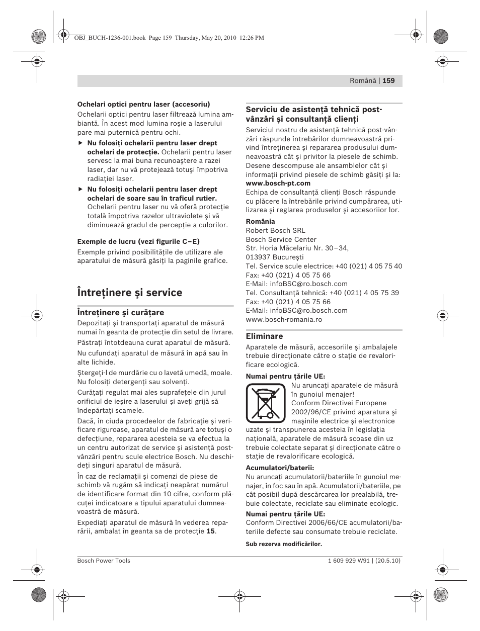 Întreţinere şi service | Bosch GLL 2 Professional User Manual | Page 159 / 217