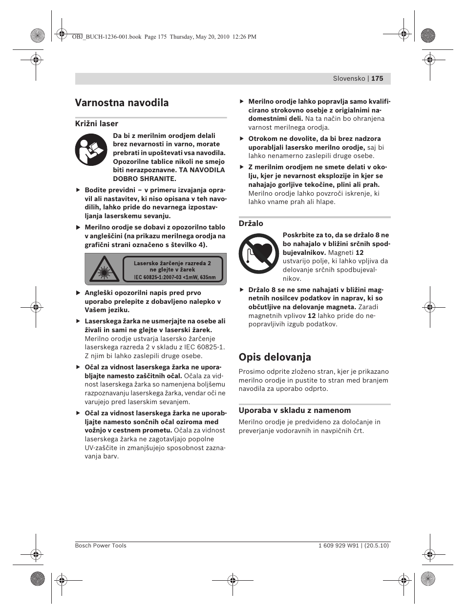 Varnostna navodila, Opis delovanja | Bosch GLL 2 Professional User Manual | Page 175 / 217