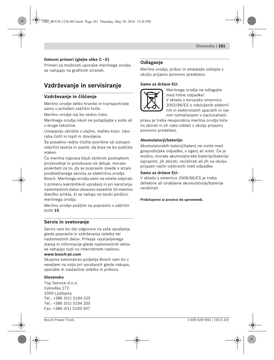 Vzdrževanje in servisiranje | Bosch GLL 2 Professional User Manual | Page 181 / 217