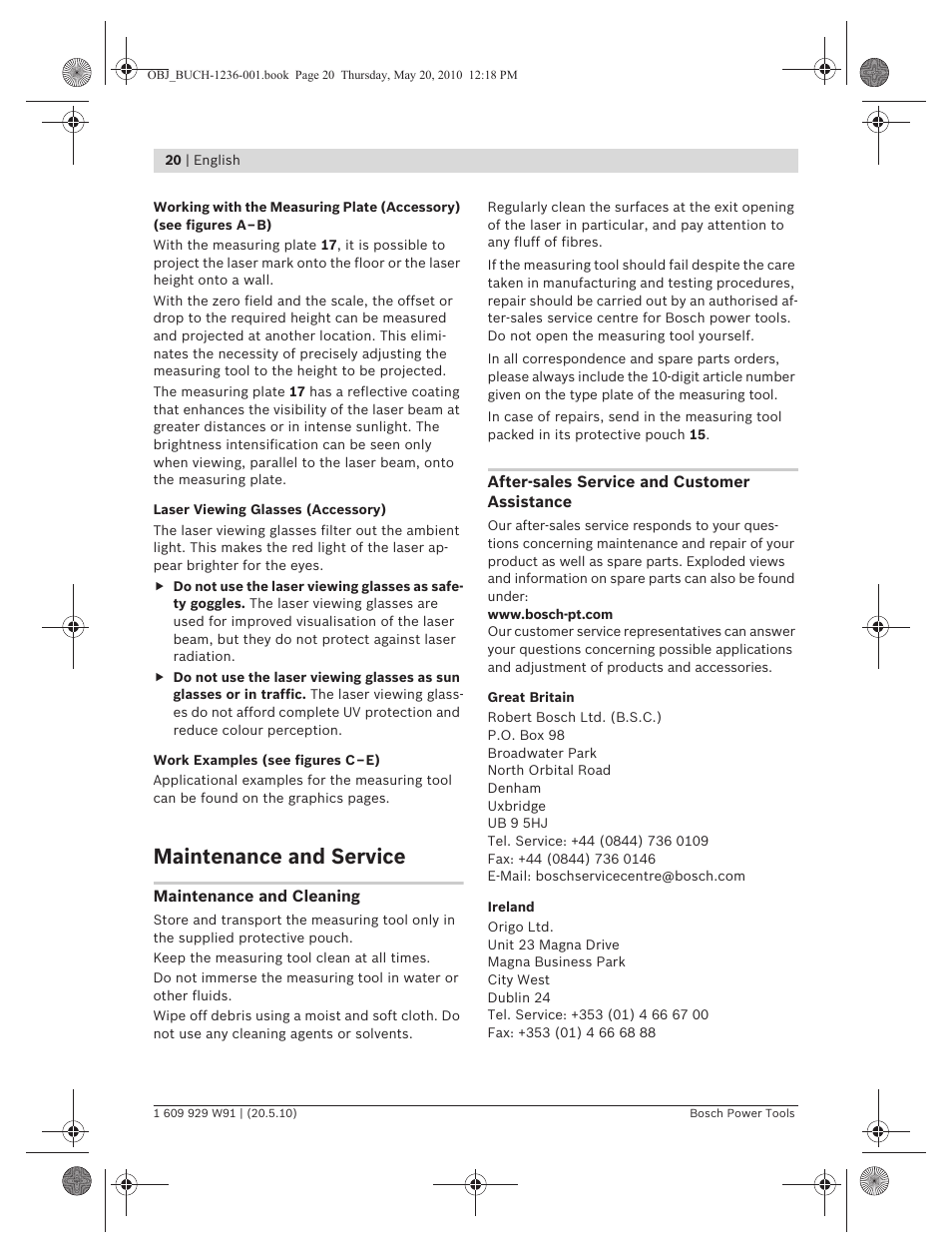 Maintenance and service | Bosch GLL 2 Professional User Manual | Page 20 / 217