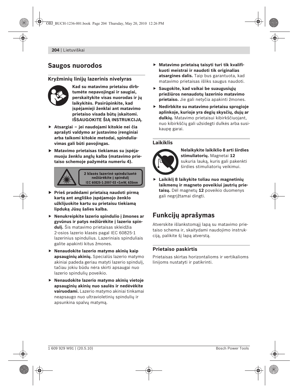 Saugos nuorodos, Funkcijų aprašymas | Bosch GLL 2 Professional User Manual | Page 204 / 217