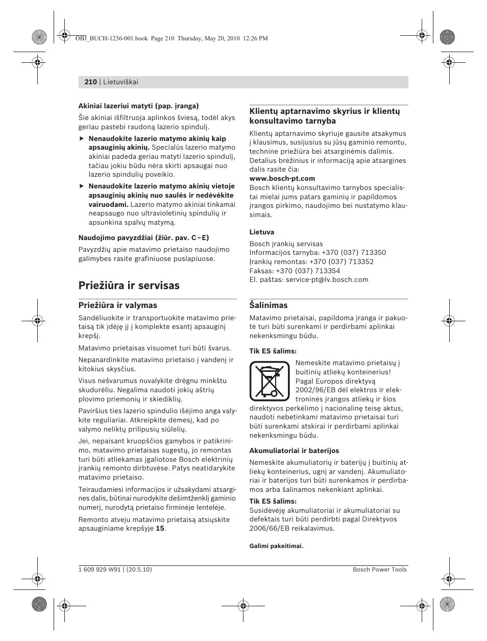 Priežiūra ir servisas | Bosch GLL 2 Professional User Manual | Page 210 / 217