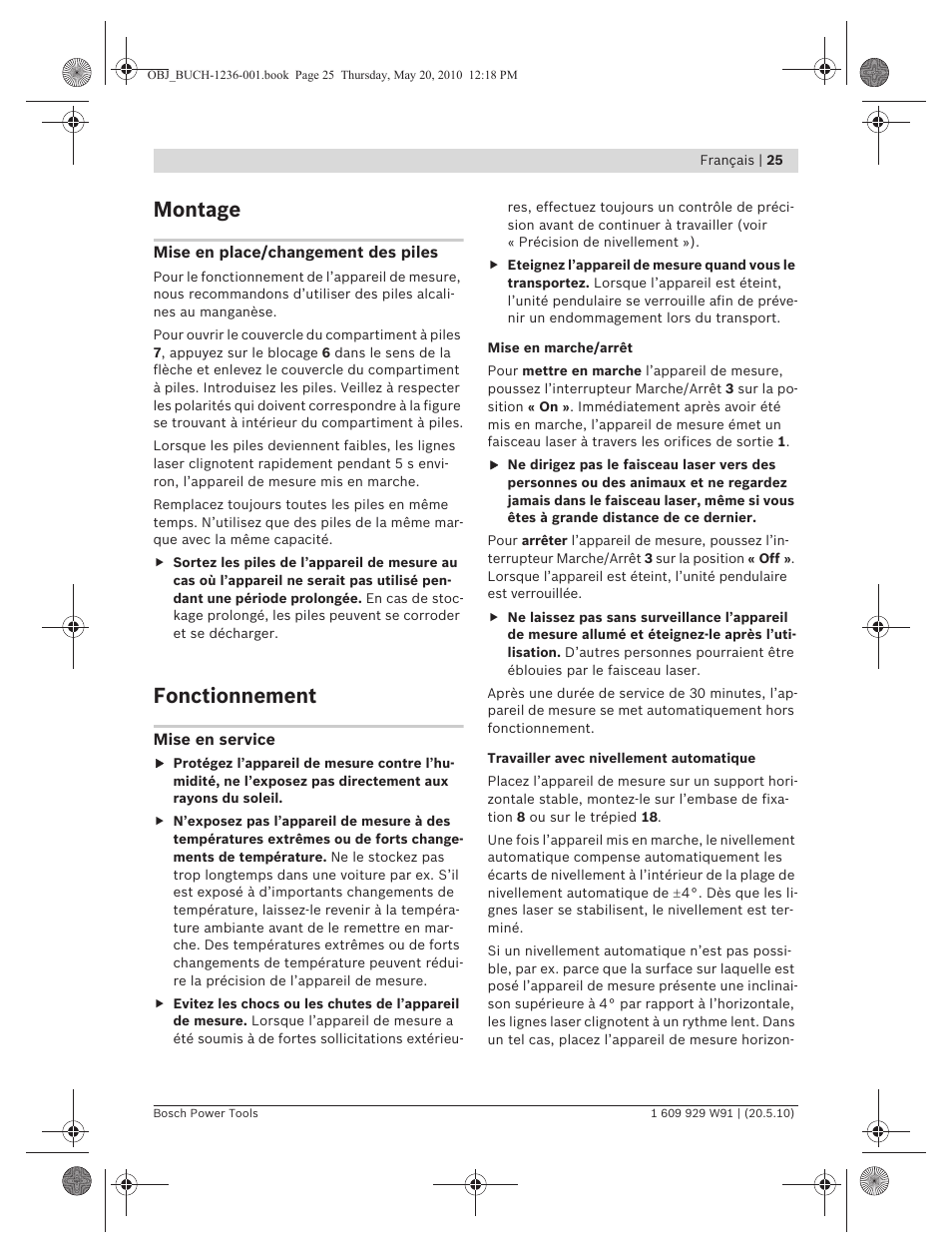 Montage, Fonctionnement | Bosch GLL 2 Professional User Manual | Page 25 / 217