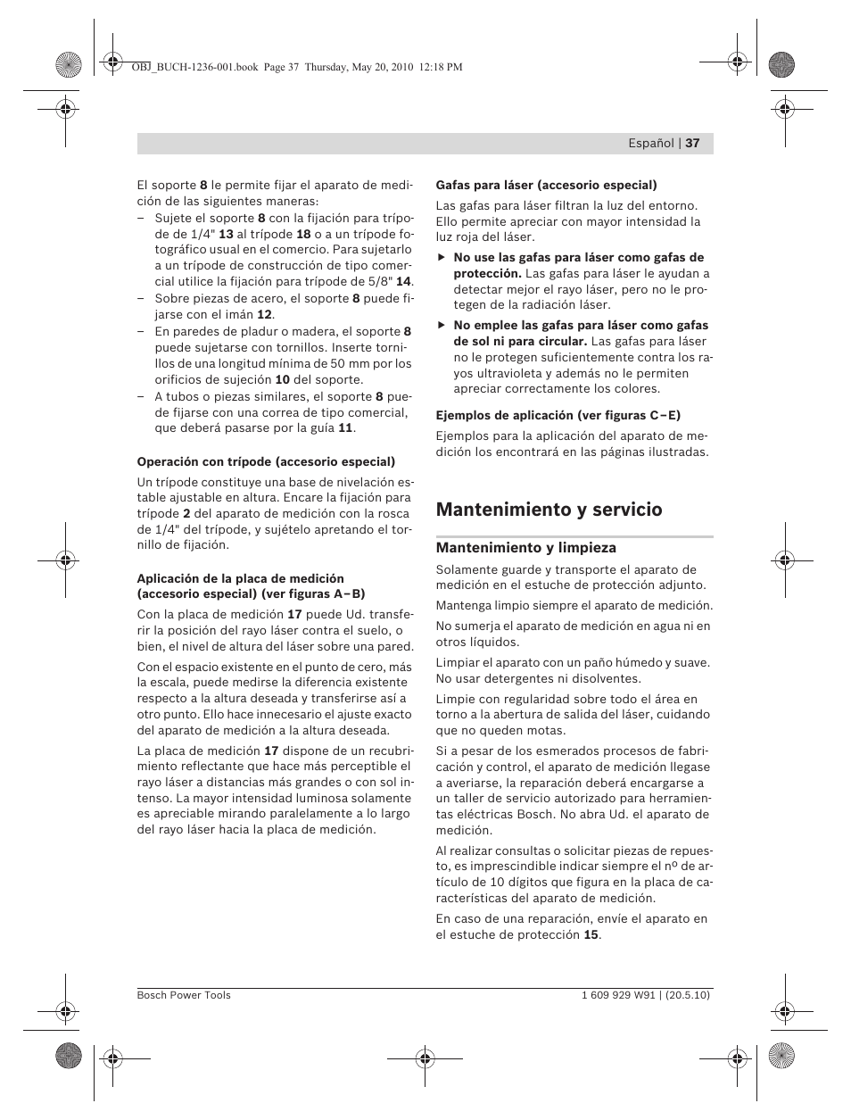 Mantenimiento y servicio | Bosch GLL 2 Professional User Manual | Page 37 / 217