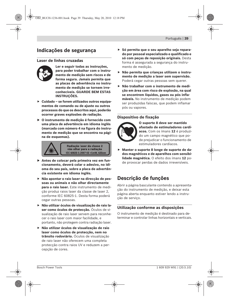 Indicações de segurança, Descrição de funções | Bosch GLL 2 Professional User Manual | Page 39 / 217