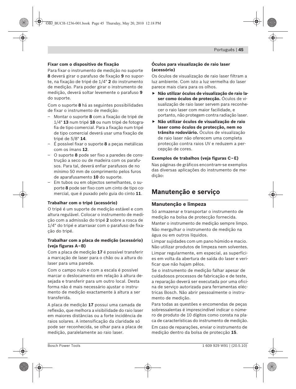 Manutenção e serviço | Bosch GLL 2 Professional User Manual | Page 45 / 217