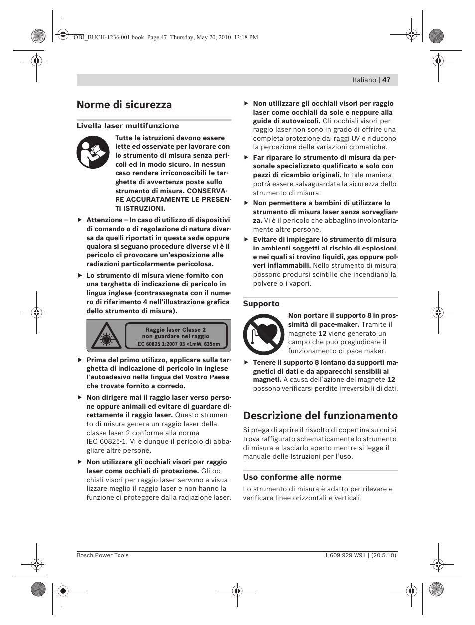 Norme di sicurezza, Descrizione del funzionamento | Bosch GLL 2 Professional User Manual | Page 47 / 217