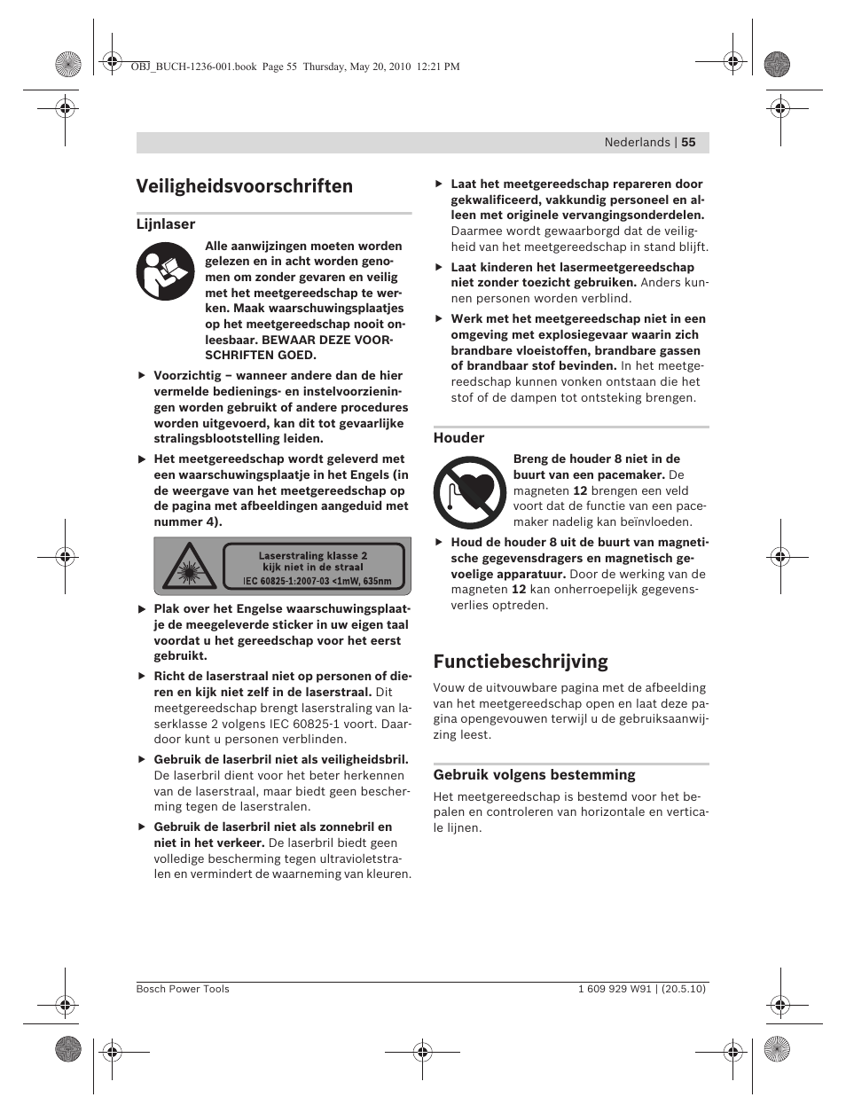 Veiligheidsvoorschriften, Functiebeschrijving | Bosch GLL 2 Professional User Manual | Page 55 / 217