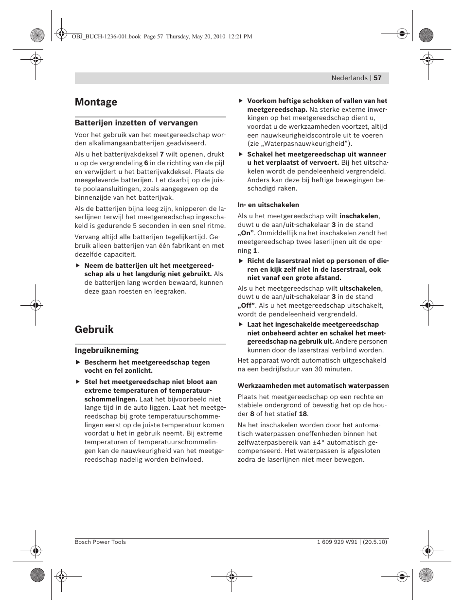 Montage, Gebruik | Bosch GLL 2 Professional User Manual | Page 57 / 217