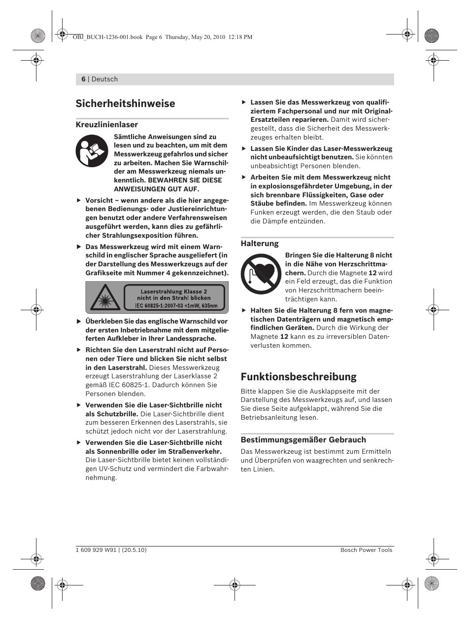 Sicherheitshinweise, Funktionsbeschreibung | Bosch GLL 2 Professional User Manual | Page 6 / 217