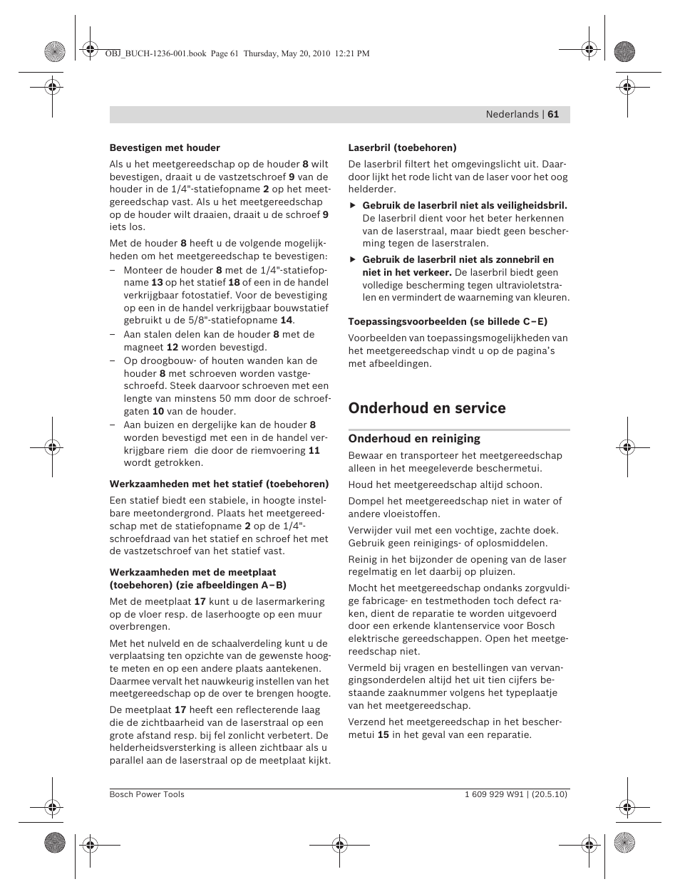 Onderhoud en service | Bosch GLL 2 Professional User Manual | Page 61 / 217