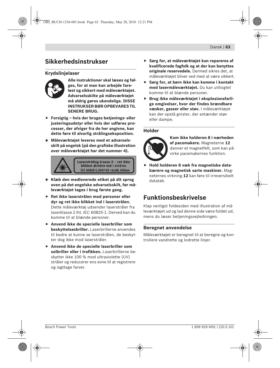 Sikkerhedsinstrukser, Funktionsbeskrivelse | Bosch GLL 2 Professional User Manual | Page 63 / 217