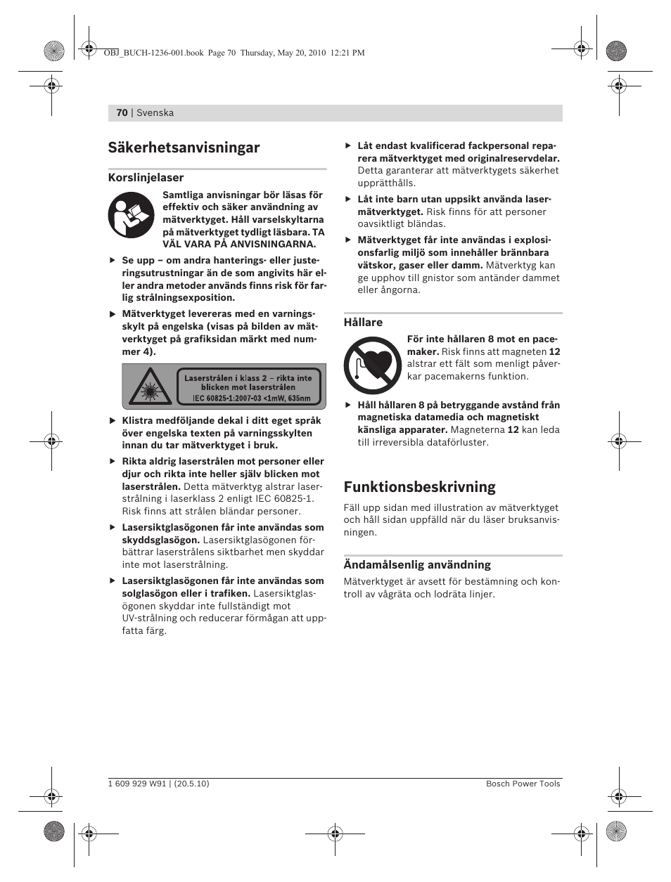 Säkerhetsanvisningar, Funktionsbeskrivning | Bosch GLL 2 Professional User Manual | Page 70 / 217