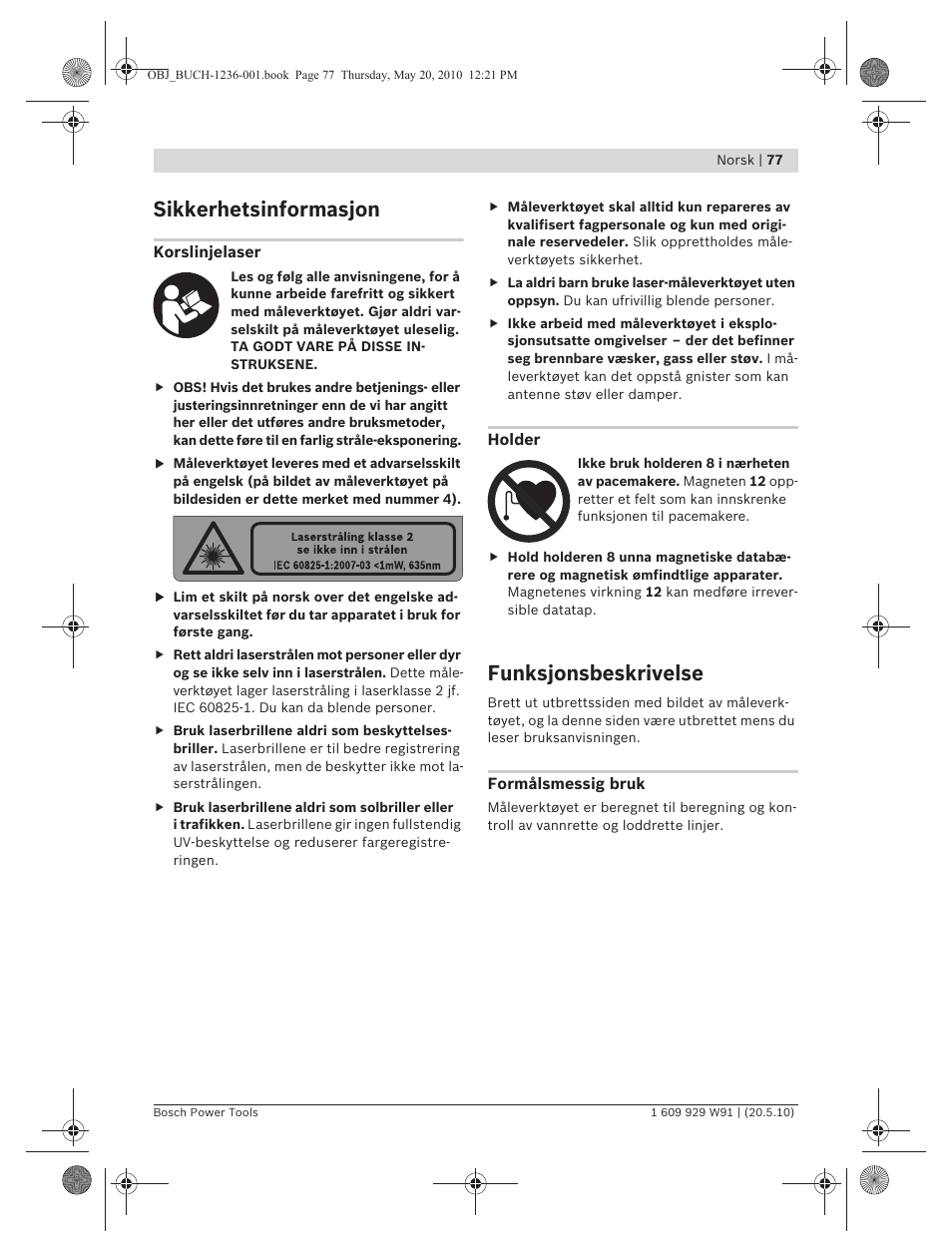 Sikkerhetsinformasjon, Funksjonsbeskrivelse | Bosch GLL 2 Professional User Manual | Page 77 / 217