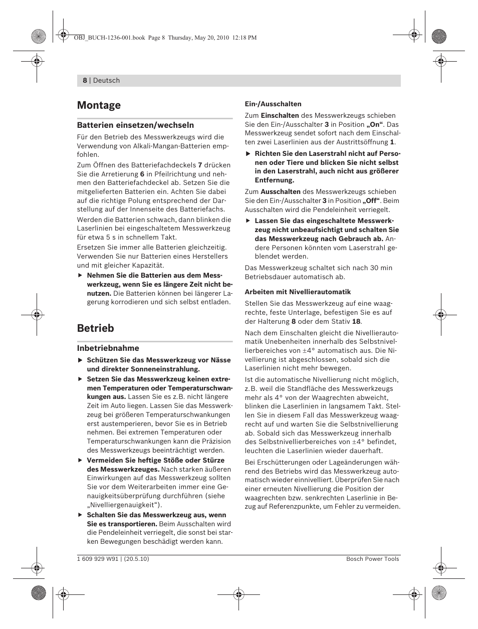 Montage, Betrieb | Bosch GLL 2 Professional User Manual | Page 8 / 217