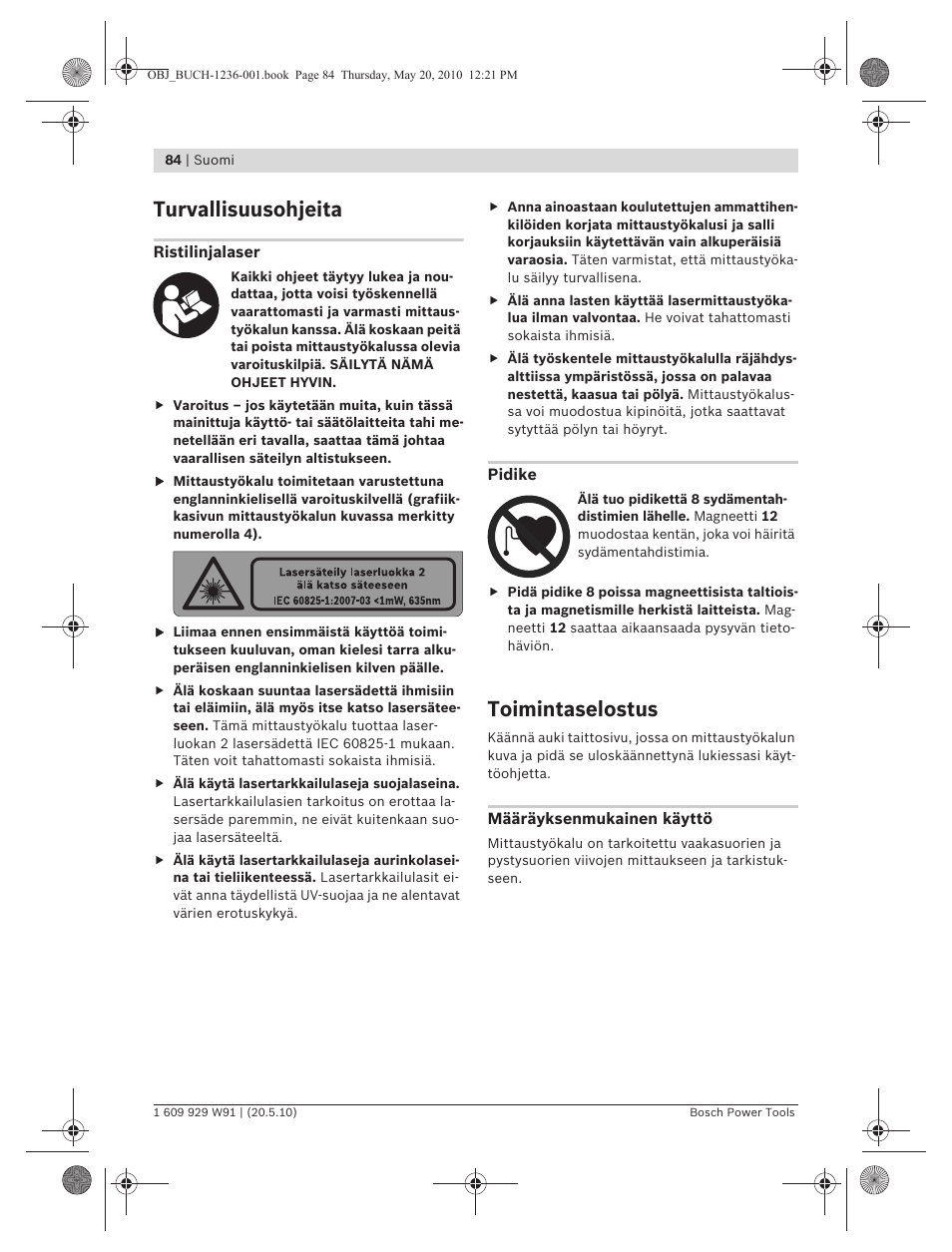 Turvallisuusohjeita, Toimintaselostus | Bosch GLL 2 Professional User Manual | Page 84 / 217