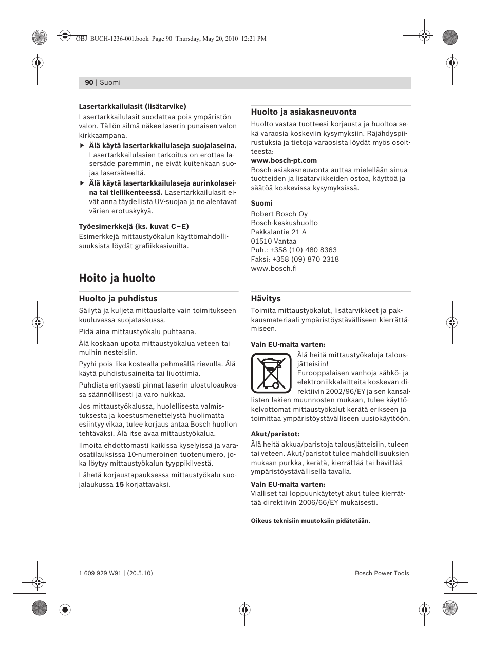 Hoito ja huolto | Bosch GLL 2 Professional User Manual | Page 90 / 217