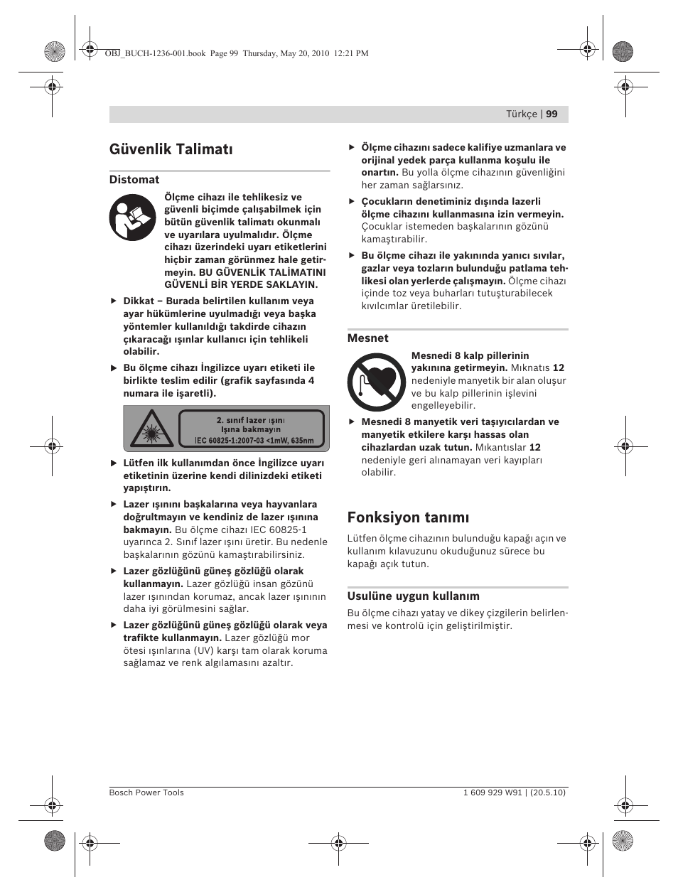 Güvenlik talimat, Fonksiyon tan m | Bosch GLL 2 Professional User Manual | Page 99 / 217