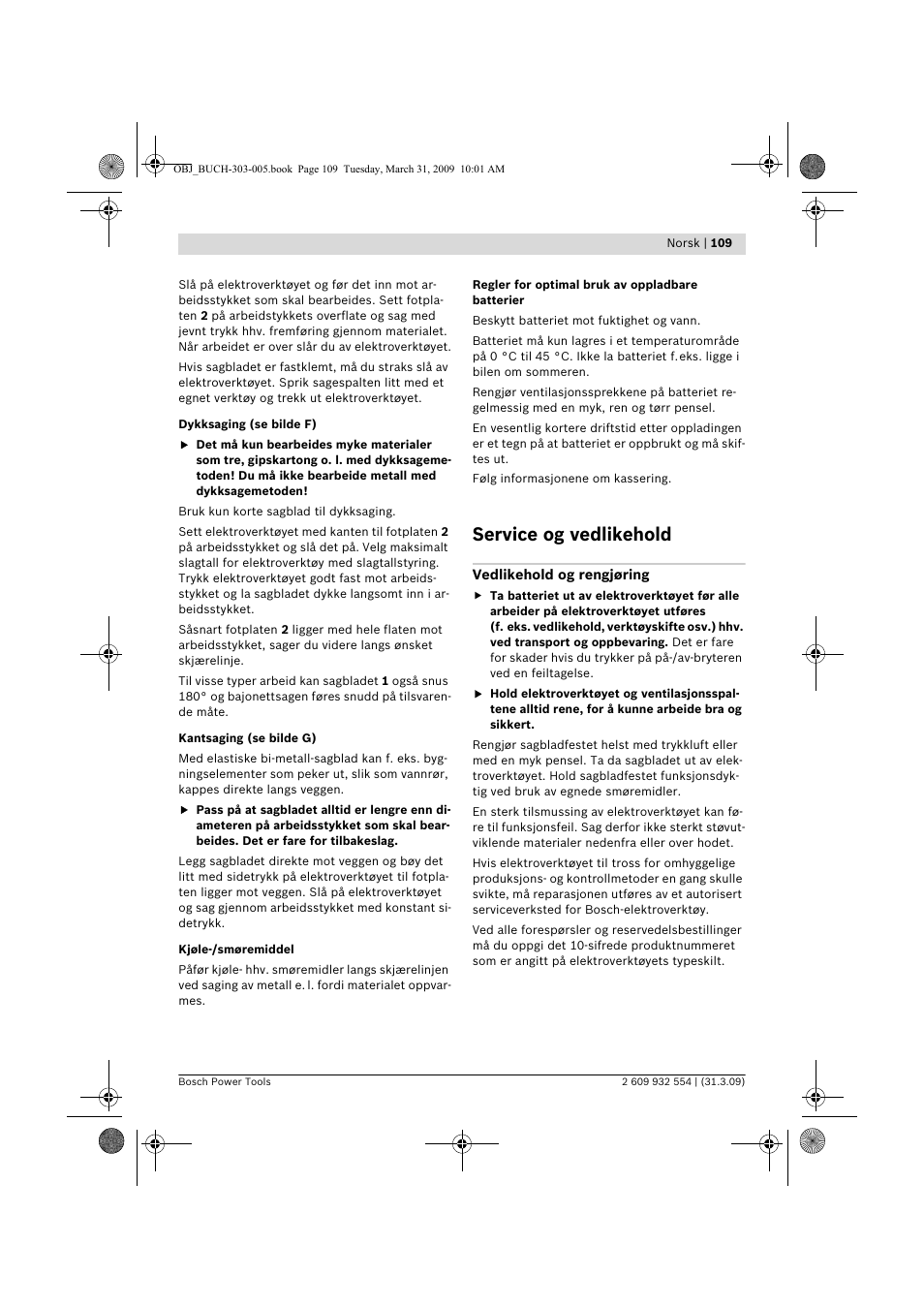 Service og vedlikehold | Bosch GSA 36 V-LI Professional User Manual | Page 109 / 289