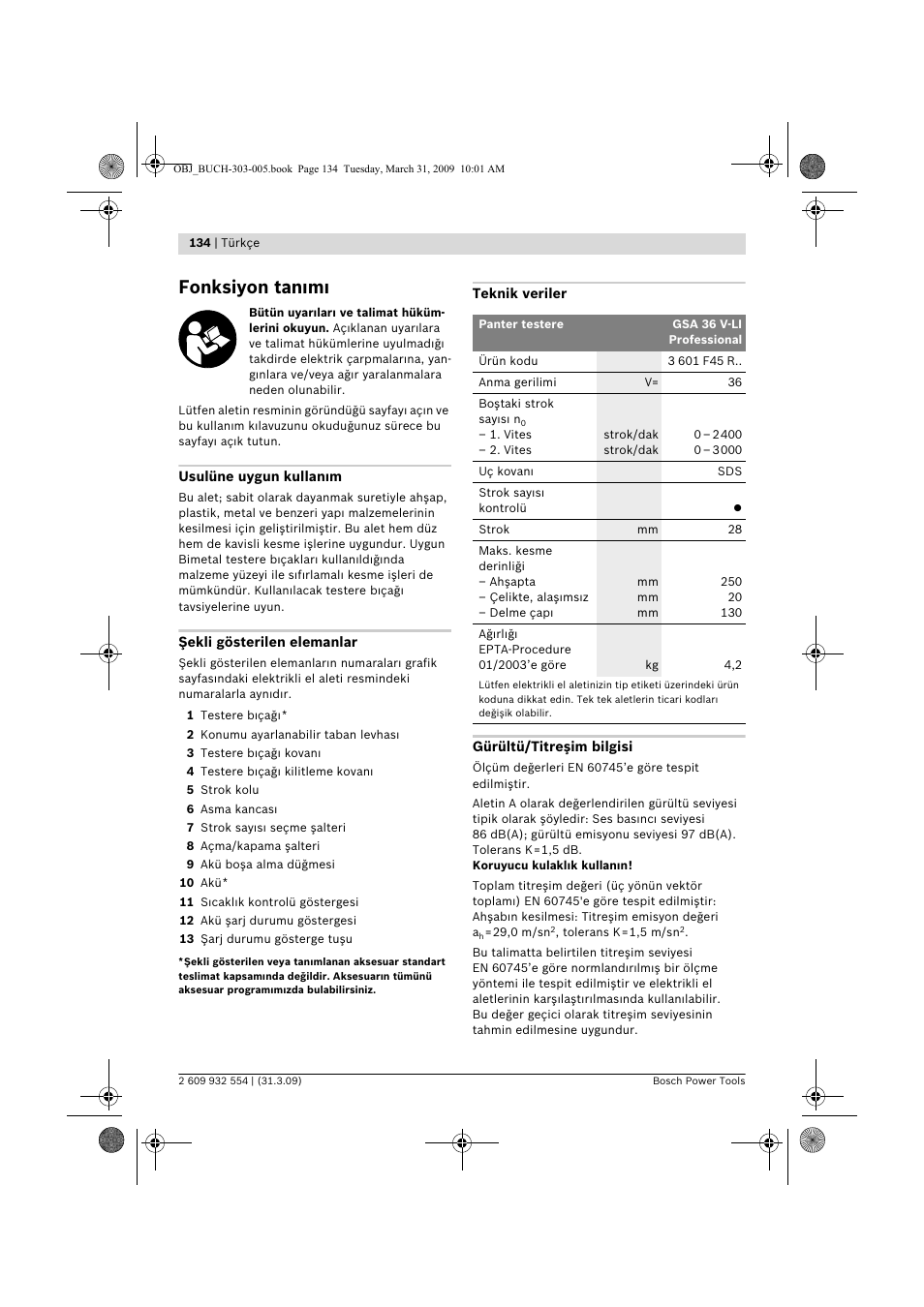 Fonksiyon tan m | Bosch GSA 36 V-LI Professional User Manual | Page 134 / 289