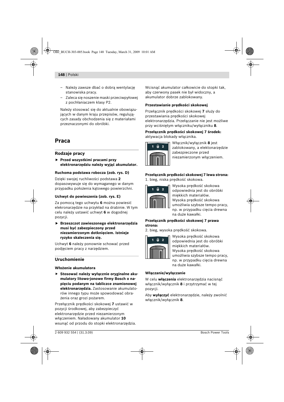 Praca | Bosch GSA 36 V-LI Professional User Manual | Page 148 / 289