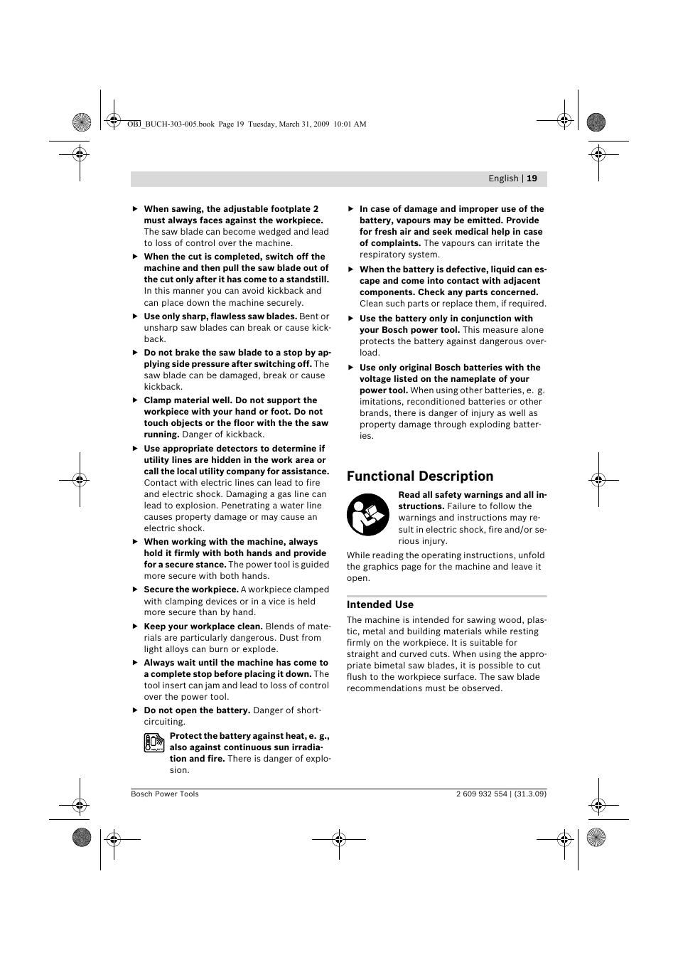 Functional description | Bosch GSA 36 V-LI Professional User Manual | Page 19 / 289