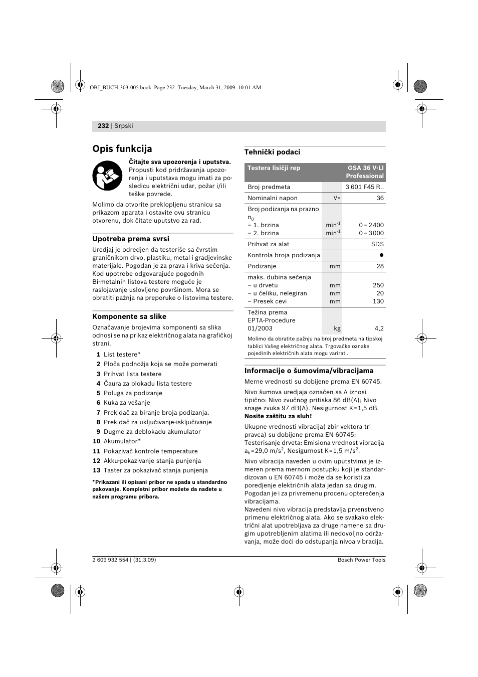 Opis funkcija | Bosch GSA 36 V-LI Professional User Manual | Page 232 / 289