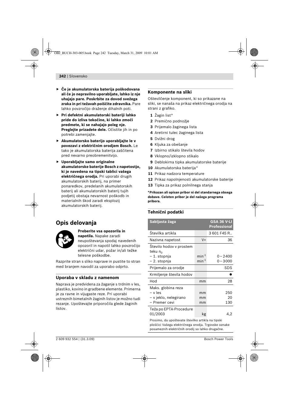 Opis delovanja | Bosch GSA 36 V-LI Professional User Manual | Page 242 / 289