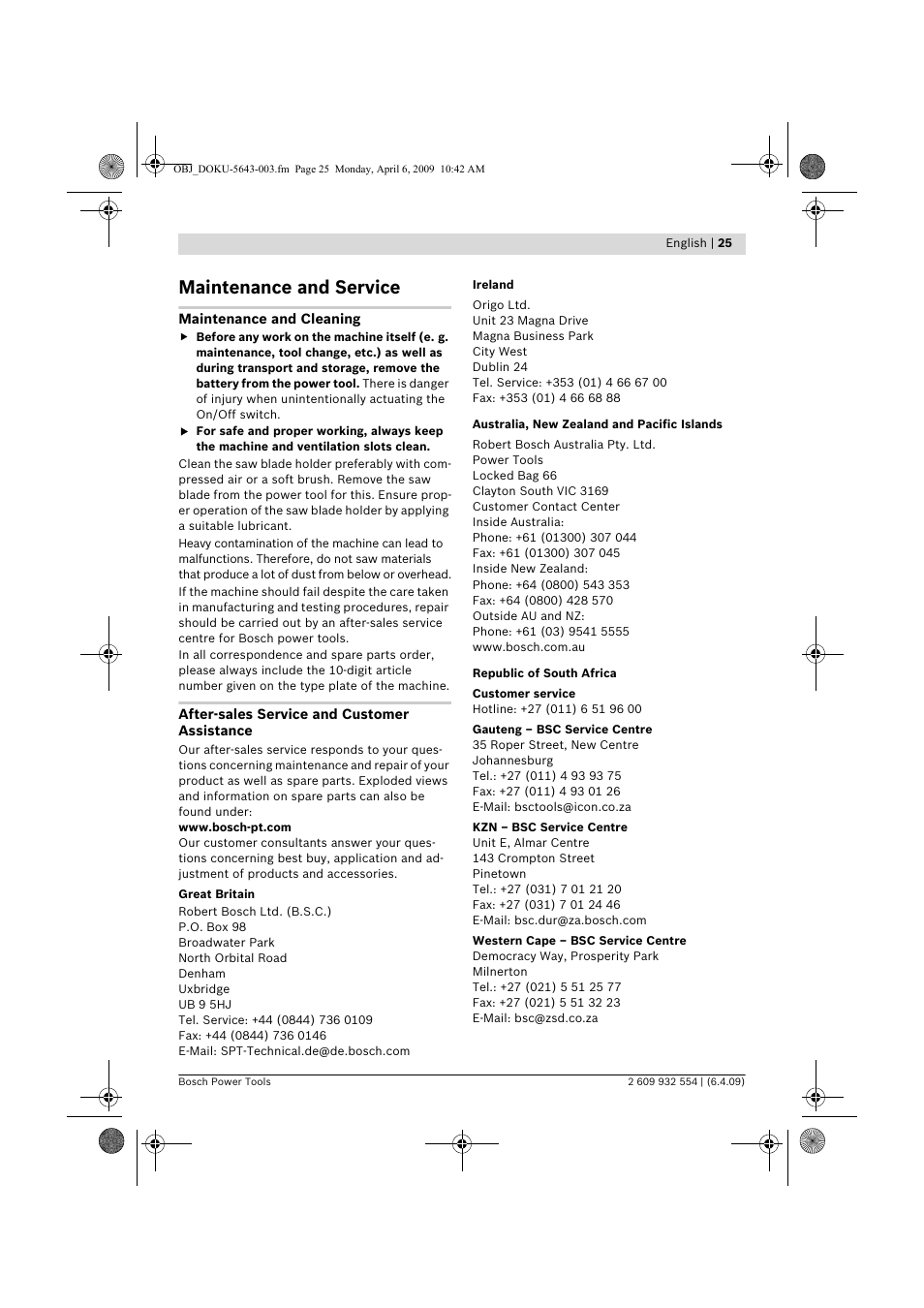 Maintenance and service | Bosch GSA 36 V-LI Professional User Manual | Page 25 / 289